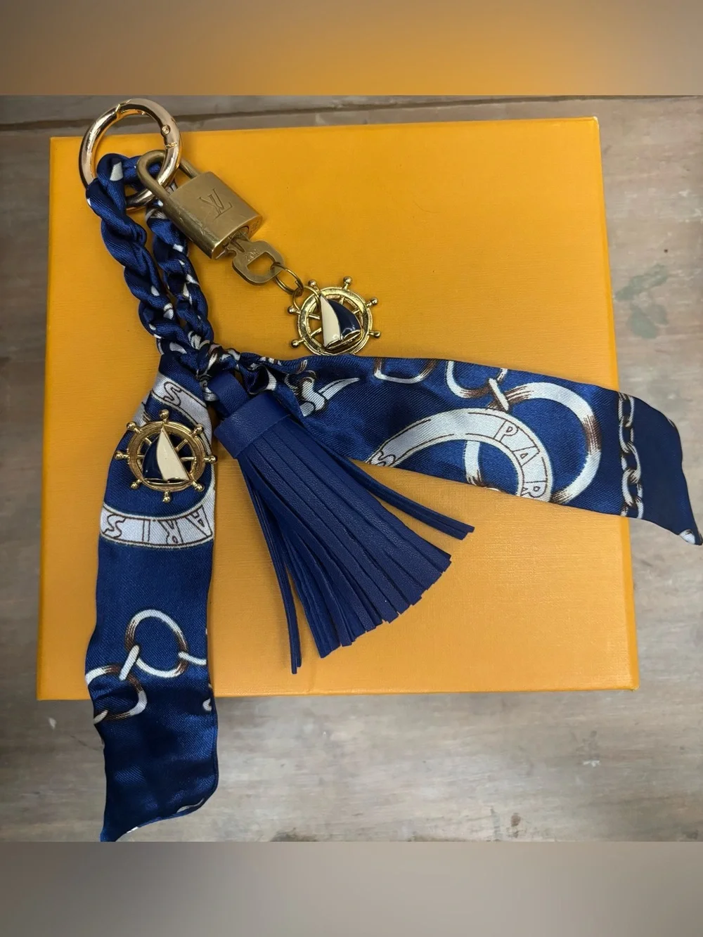 Louis Vuitton Brass Lock & Key nautical scarf tassel bag charm 10 inches